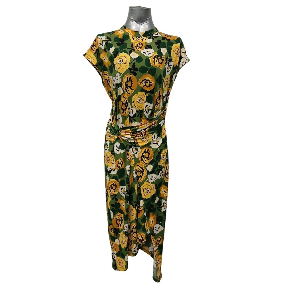 Donna‎ Morgan Green Yellow Floral Mock Neck Draped Sheath Midi Dress Womens 8